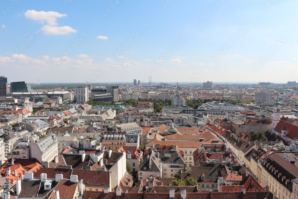 Panoramic aerial view from the historic old town of Vienna, Austria over the city. Skyline landscape of Vienna.
