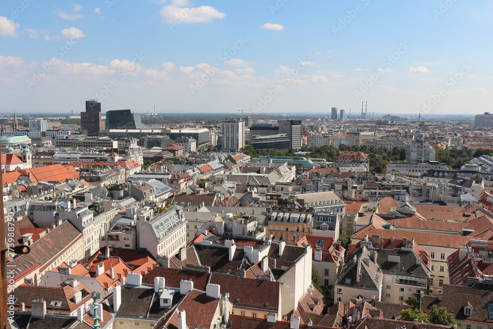 Panoramic aerial view from the historic old town of Vienna, Austria over the city. Skyline landscape of Vienna.