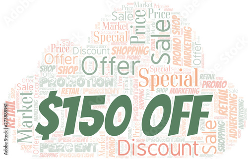 $150 Off word cloud. Wordcloud made with text only.