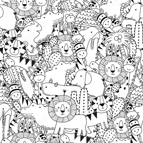 Black and white seamless pattern with adorable safari animals. Coloring page for adult and kids