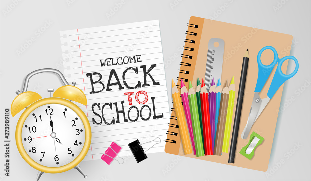 Back to school text on notepaper with alarm clock, notebook, crayon, pencil, scissors, ruler, sharpener and paperclip on gray background. Education concept Back to school text on notepaper with alarm clock, notebook, crayon, pencil, scissors, ruler, sharpener and paperclip on gray background. Education concept