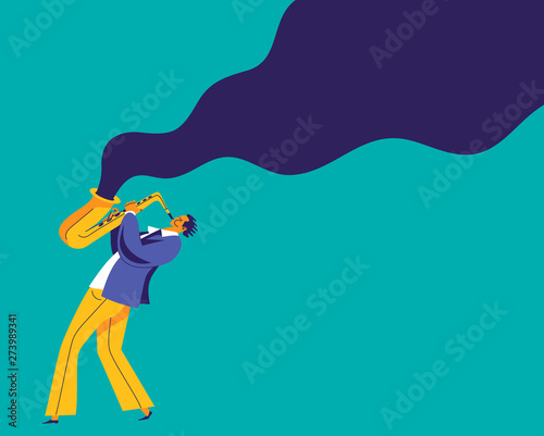 Saxophone player illustration with abstract wave of music flying out of his instrument.