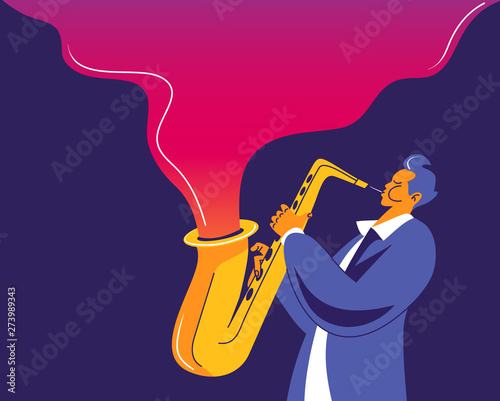 Saxophone player with abstract wave of music flying out of his instrument.. Modern flat colors illustration.