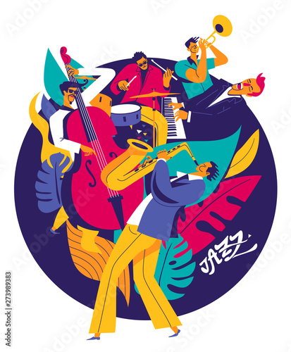 Summer jazz music festival poster. Multiple musicians composition on abstract floral background. Modern flat colors illustration. 
