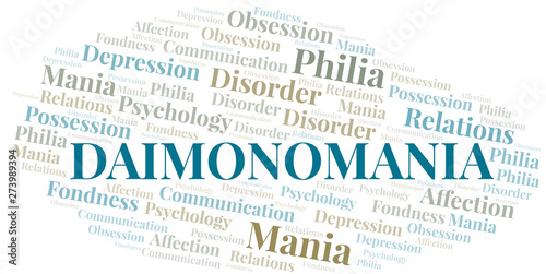 Daimonomania word cloud. Type of mania, made with text only.