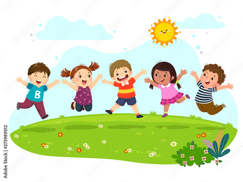 Group of happy kids jumping on summer meadow. Group of happy kids jumping on summer meadow.