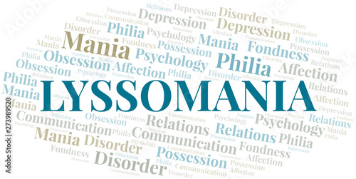 Lyssomania word cloud. Type of mania, made with text only.