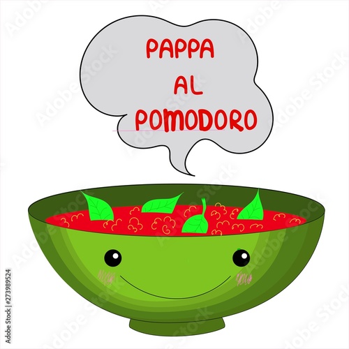 Card with kawai food - Pappa al Pomodoro, Tuscan tomato, zucchini, basil and bread soup mash Funny characters and text, desserts on a white background. Template for cards, prints. Vector flat characte