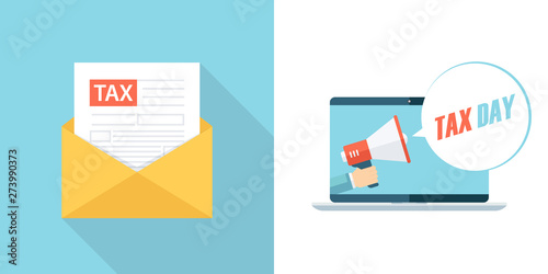 Tax letter, email, sms or message and Tax Day speech bubble with hand holding megaphone coming out from laptop. Flat design vector illustration for finance accounting, planning and taxation. 