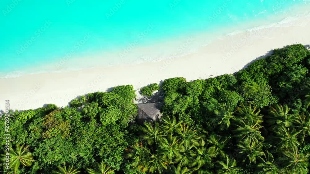 Looking down while flying slowly down. A tropical island with a bungalow hidden in a tropical forest at the sandy beach. The turquoise Maldivian Sea in front. Looking down while flying slowly down. A tropical island with a bungalow hidden in a tropical forest at the sandy beach. The turquoise Maldivian Sea in front.