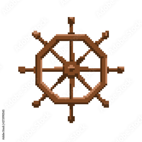 Ship helm. Isolated on white background. Vector illustration. Pixel art.