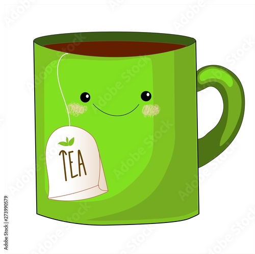 cute tea cup character.Sweet teabag with cute faces. Emoji doodle objects.Cute tea bag set. Cup emoji set with cheeks and eyes. Colored beautiful doodle cups character in flat designs .