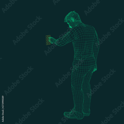 Man entering pin code. Wireframe human body. Vector outline.
