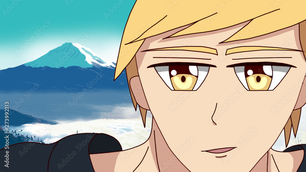 Anime Boy Blonde Hair Cartoon Character standing in front of Mount Fuji  Japan with a confident smile it's Anime Manga Boy Stock Illustration |  Adobe Stock
