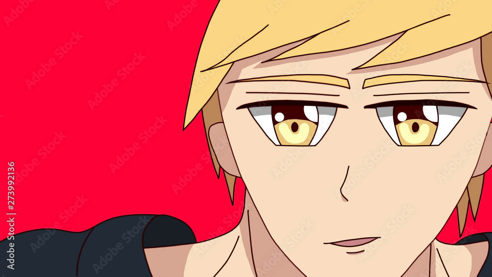 Anime Boy Blonde Hair Cartoon Character standing in front of a red  background with a confident smile it's an Anime Manga Boy Stock  Illustration | Adobe Stock