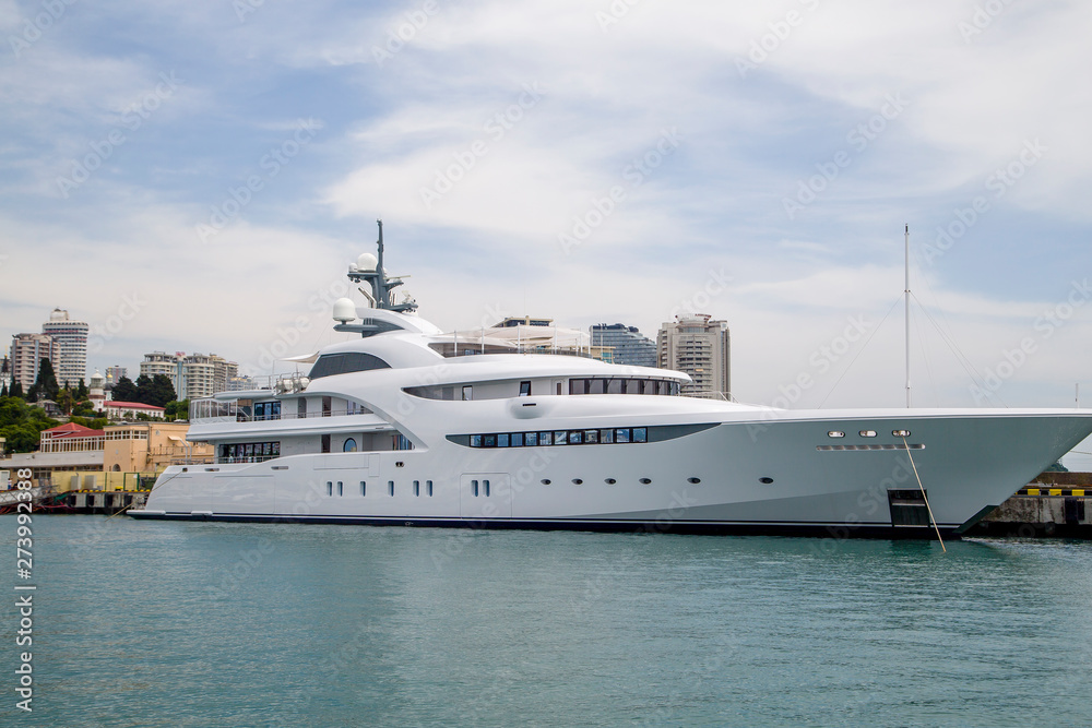 beautiful white yacht stands in the port of Russia. Sochi port Grand Maria 05. June 2019 beautiful white yacht stands in the port of Russia. Sochi port Grand Maria 05. June 2019