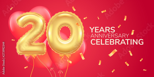20 years anniversary vector logo, icon. Template banner with heart air hot balloon