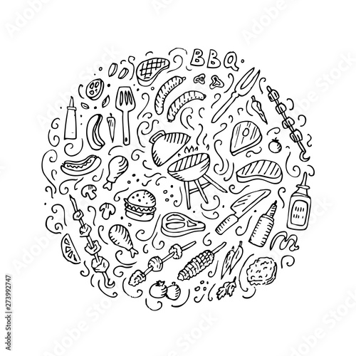 Barbecue set. BBQ design, Grill Beef Meat, Kebab, Burger, Sausage. Barbecue Grill hand drawn doodle sketch isolated on white background. 