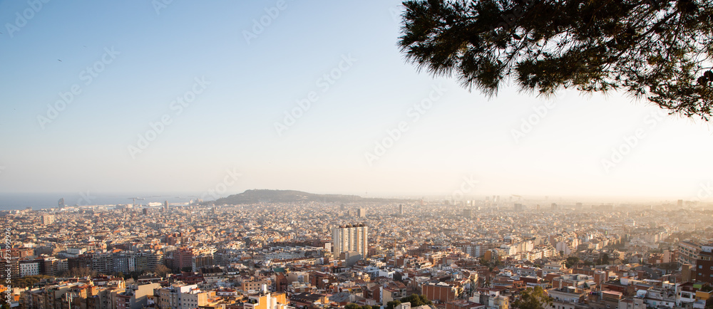 Views of the city of Barcelona and the Mediterranean sea during sunset