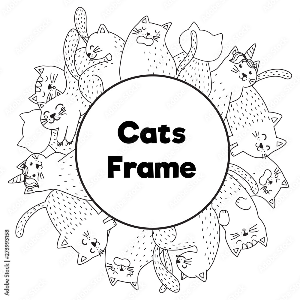 Frame with funny cats in coloring page style Frame with funny cats in coloring page style