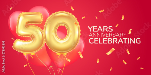 50 years anniversary vector logo, icon. Template banner with heart air hot balloon