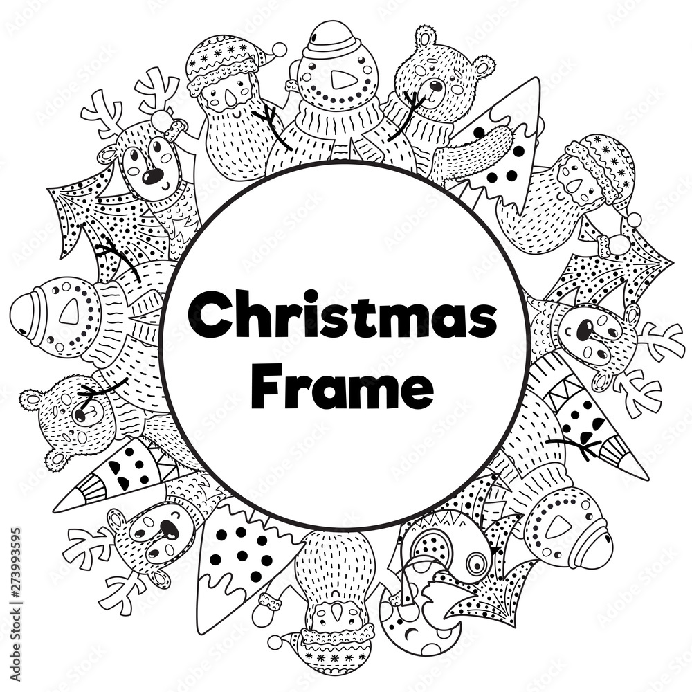 Black and white Christmas frame in coloring page style
