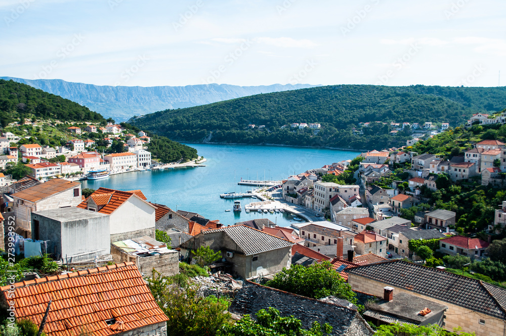 Top view of the bay and old european city, croatia, concept of tourism and travel.