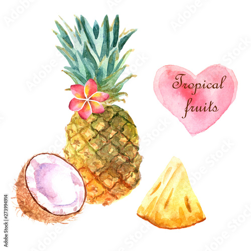 Watercolor tropical illustration with pineapple and coconut on white background