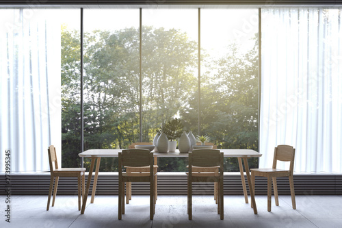 3D Rendering   illustration of Modern dining room with nature view. decorate room with wooden cozy style interior. large window looking to nature and forest with sunlight. white curtain.
