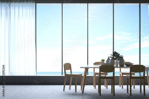 3D Rendering : illustration of Modern dining room with sea view. decorate room with wooden cozy style interior. large window looking to nature and blue sea with sunlight. white curtain. © ittoilmatar