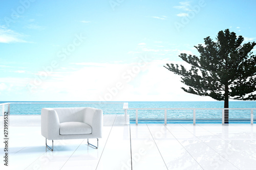 3D Rendering : illustration of resting area of balcony with couch armchair sofa outdoor. high view. sun deck of resort. sea view and blue sky. chill out summer season concept. © ittoilmatar