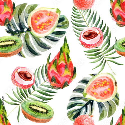 Watercolor tropical seamless pattern with pitahaya on a white background