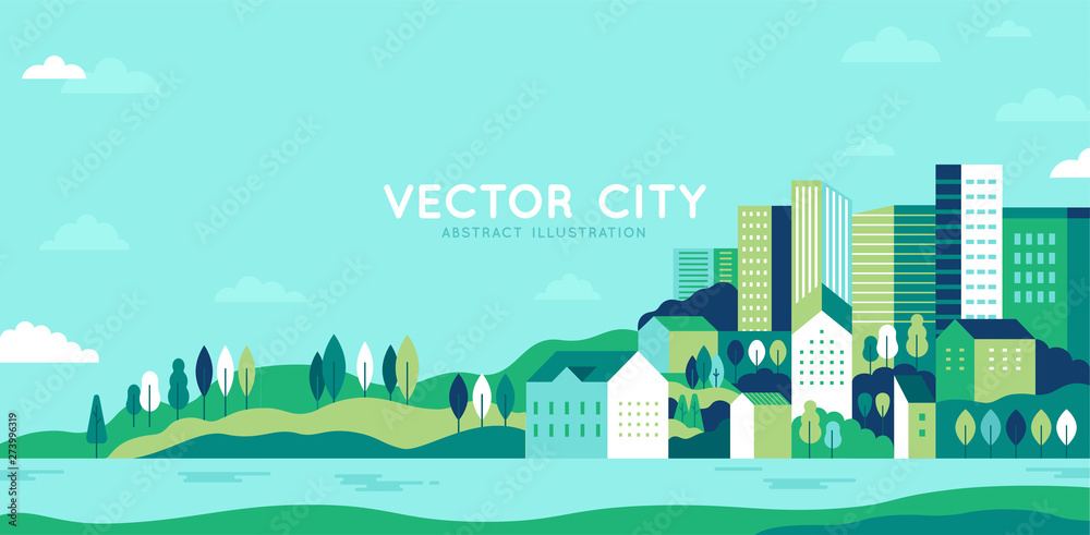 Plakat Ilustracja wektorowa w prosty minimalny styl geometryczny płaski - krajobraz miasta z budynków, wzgórz i drzew - streszczenie poziomy baner