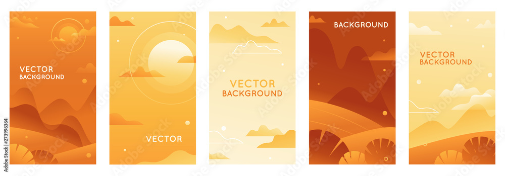 Vector illustration in trendy flat style and bright vibrant gradient colors with copy space for text - landscape with mountains, hills and plants - vertical banners 
