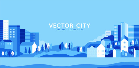 Vector illustration in simple minimal geometric flat style - city landscape with buildings, hills and trees - abstract horizontal banner