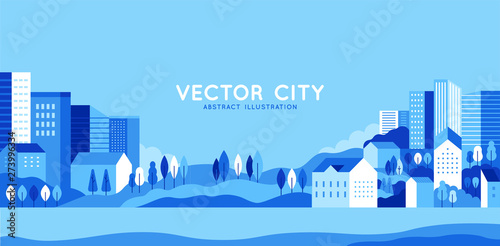 Vector illustration in simple minimal geometric flat style - city landscape with buildings, hills and trees - abstract horizontal banner photo