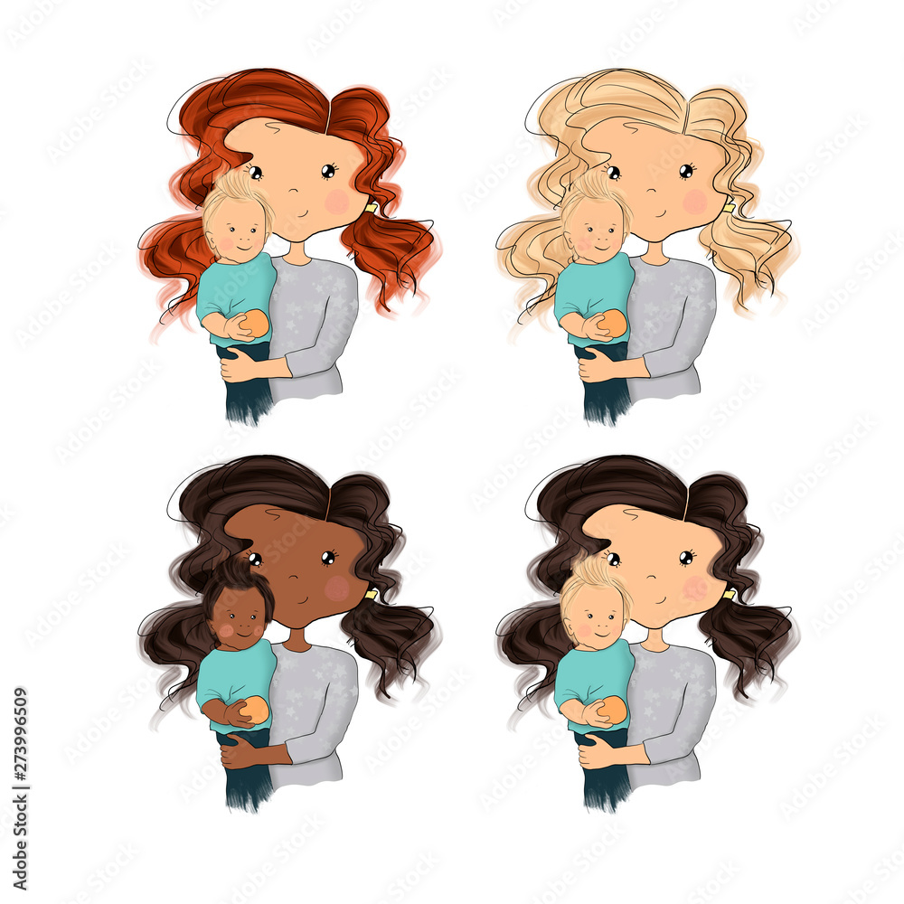 African American Brunette Blonde Red Hair Set Womans With Child Isolated On A White Background Hand Drawn Illustration African American Brunette Blonde Red Hair Set Womans With Child Isolated On A White Background Hand Drawn Illustration