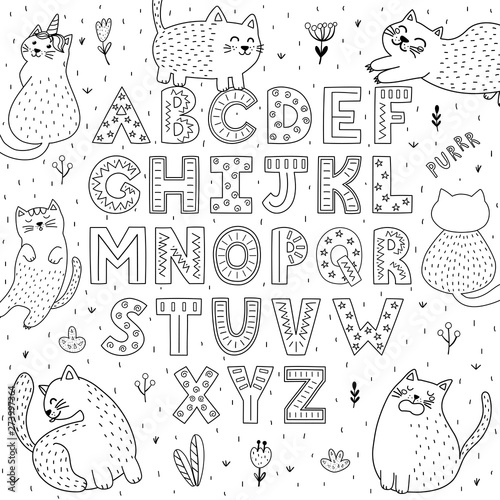Black and white alphabet with funny cats. Abc coloring page