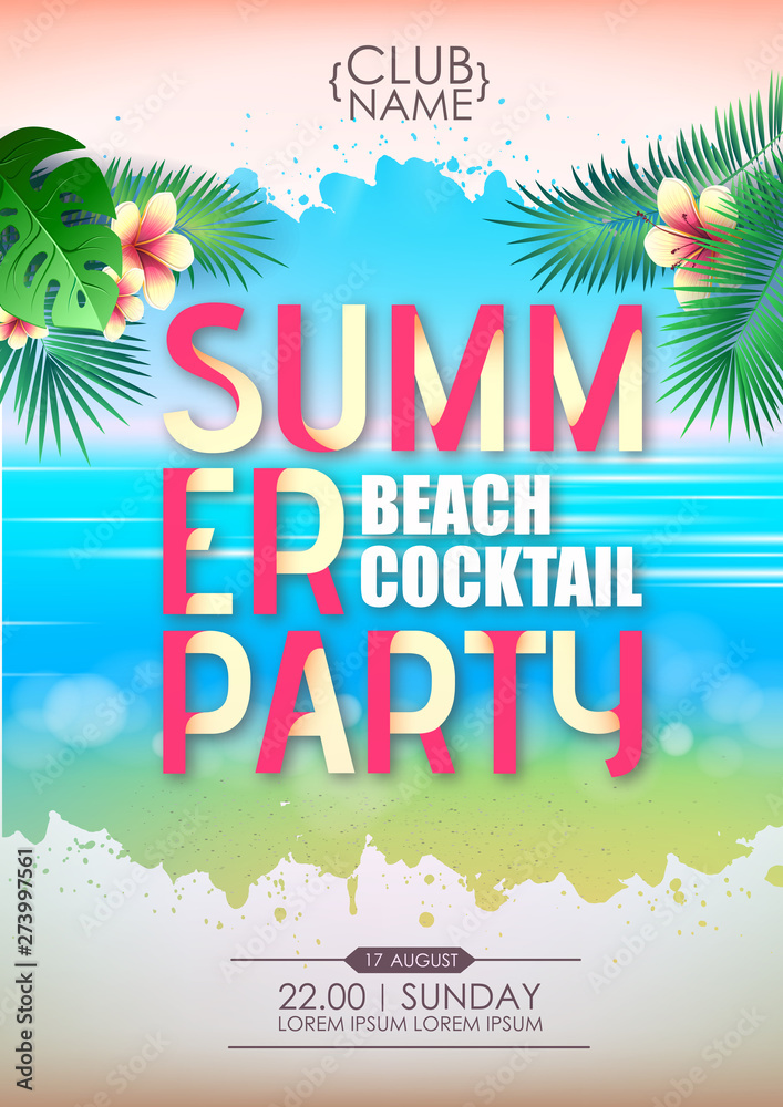 Summer disco cocktail beach party poster. Lettering summer poster.