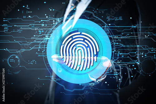 Fingerprint scan provides security access with biometrics identification. Business Technology Safety Internet Concept
