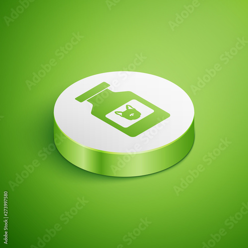 Isometric Dog medicine bottle icon isolated on green background. Container with pills. Prescription medicine for animal. White circle button. Vector Illustration
