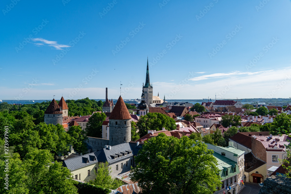 Aerial panoramic view of  Tallinn Old Town, Estonia in Jube 2019 from Trompea Hill
