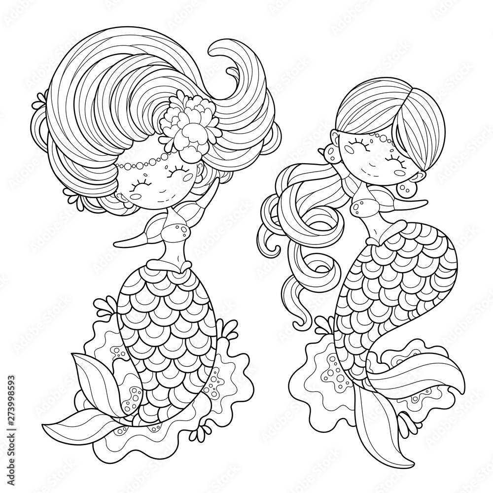 Two cute little mermaids waving their hands in a friendly way. Page for ...