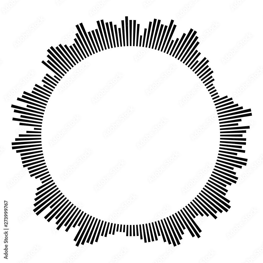 Black circular frame on white background. Round shape. Radial black concentric particles. Black circular frame on white background. Round shape. Radial black concentric particles.