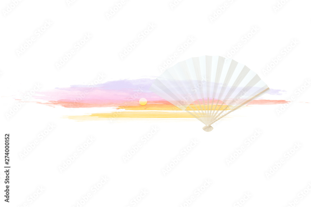 白い扇子と朝焼けの背景 白い扇子と朝焼けの背景