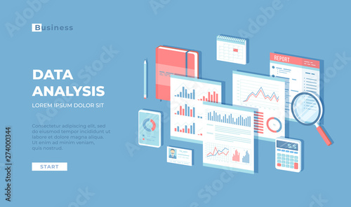 Data analysis concept, audit, SEO analytics, statistics, strategic, report, management. Charts, graphics on documents, magnifying glass, calendar, calculation. Isometric 3d vector 