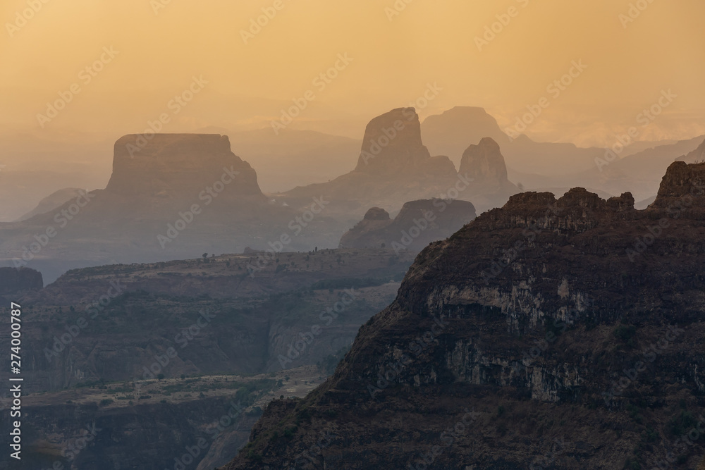 Panorama of beautiful Semien or Simien Mountains National Park landscape in Northern Ethiopia near lalibela and Gondar. Africa wilderness
