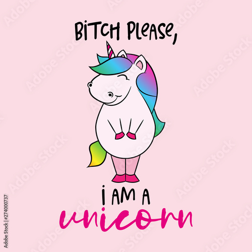 Bitch please, I am a unicorn - funny unicorn horse character, hand drawn doodle, Lettering poster or t-shirt textile graphic design. / wallpaper, wrapping paper, background.