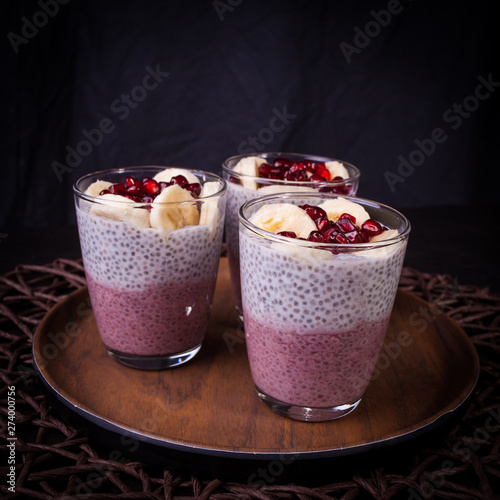 chia dessert with banana and pomegranate
