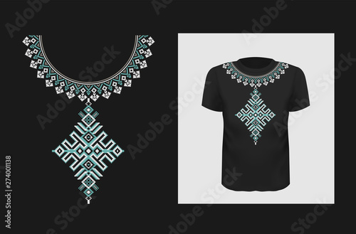 Ethnic vector t shirt print design. Ukrainian authentic ornament on apparel mock up. Traditional Eastern Europe pattern on black short sleeve shirt. Vyshyvanka, creative folk embroidery